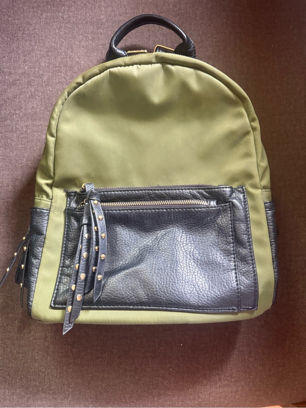 Olive Green and Black Women's Backpack with Front Zip Pocket